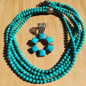 Jay King DTR mine finds 4 Strand Turquoise necklace pendant set 925 Sterling Sil